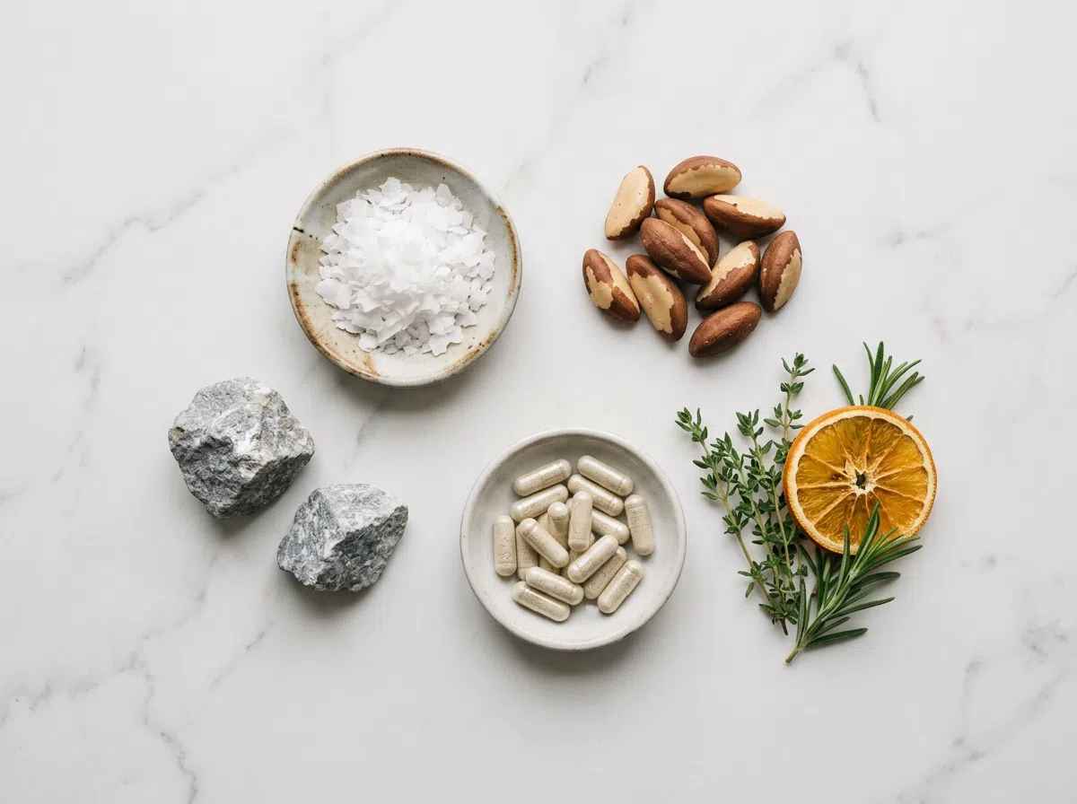 Naturliga ingredienser på marmorbord - zink, magnesium, vitamin C